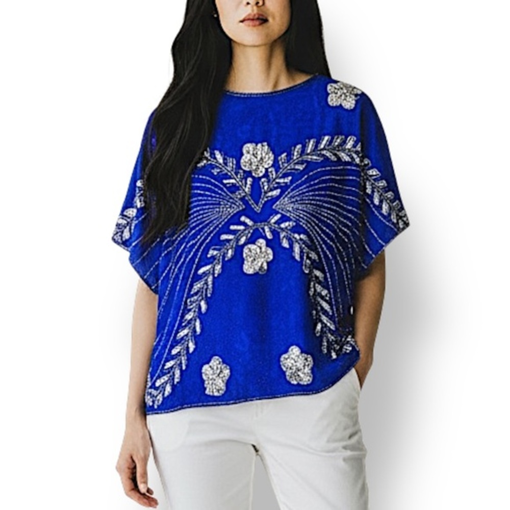 Exclusive by Jains International Beaded Silk Blouse Blue Size Medium